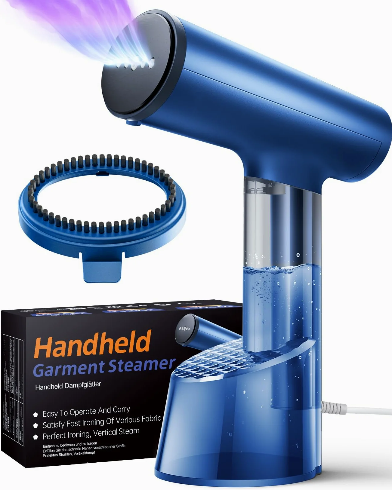 Vaporizzatori da viaggio Ferro da Stiro Verticale a Vapore, FMK Mini Stiratrice Verticale 20s Riscaldamento, Portatile Rimozione Rughe Tessuto con Pennello Ferro da Stiro a Vapore per Tende Blu