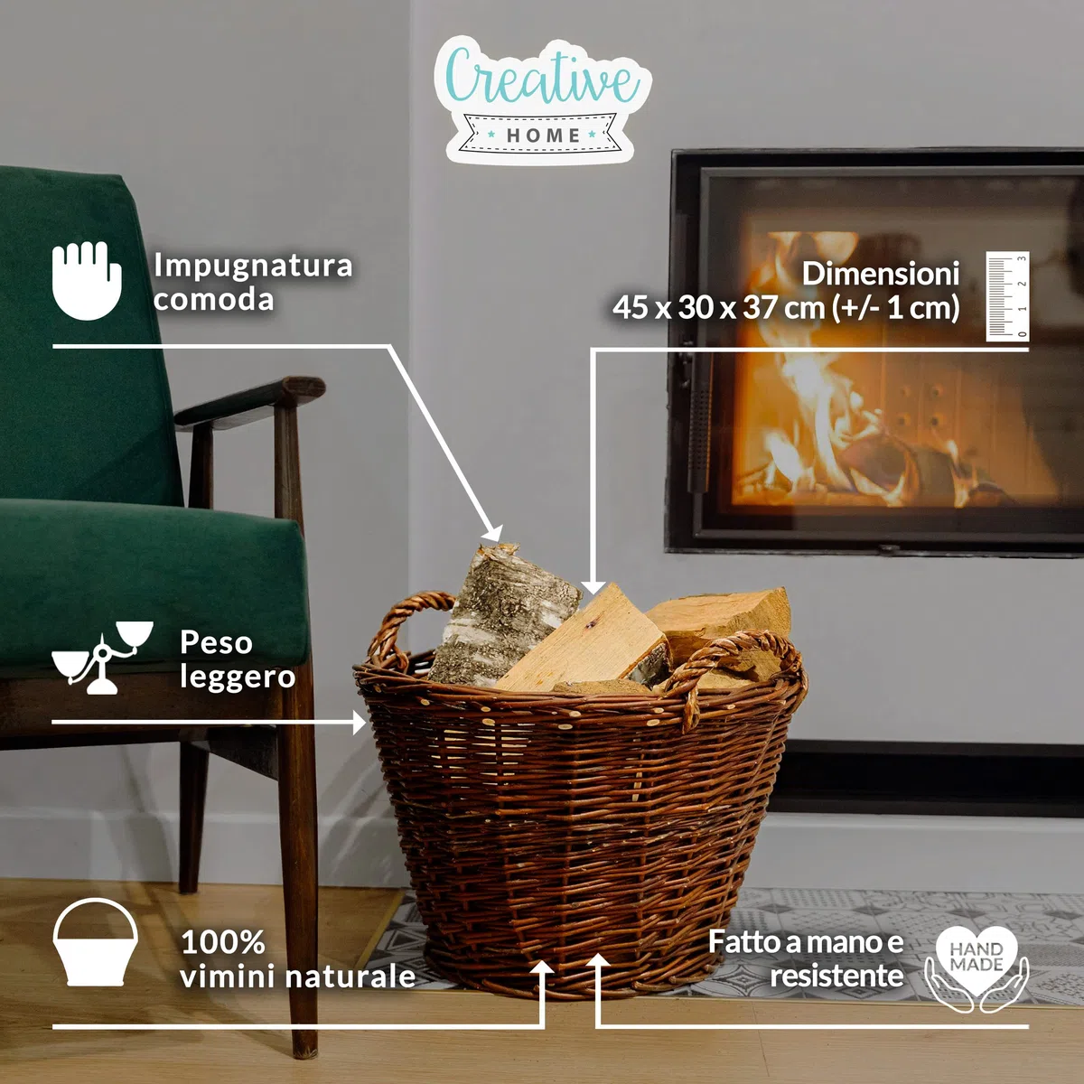 Creative Home Cesto in Vimini con Manici, Cesta Portalegna da Interno | Ø 45/30 cm – H 37 cm | Intrecciato a Mano | Salice Naturale | Cesto Multiuso per Legna, Frutta, Arredo Casa e Decorazione