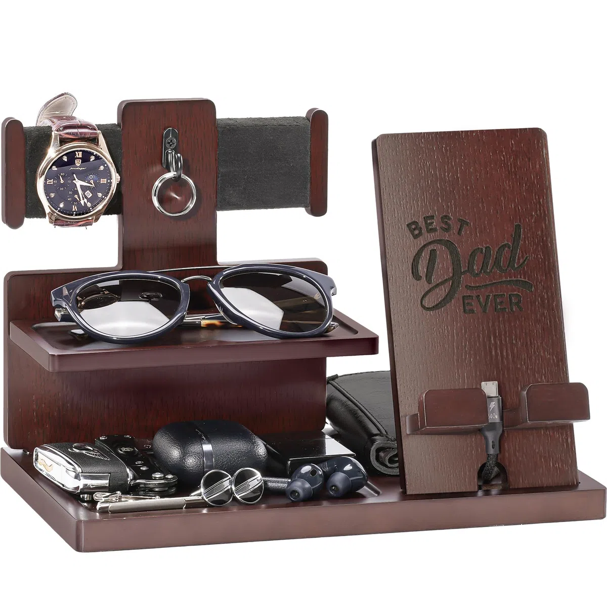 ProCase Regalo Uomo Svuotatasche Ingresso in Legno, Docking Station per Cellulare, Anniversario Compleanno Regali di Natale per Papà Marito Fidanzato -Espresso (inciso)