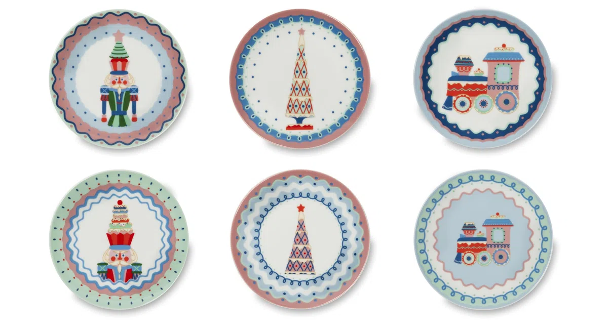 Excelsa Xmas Sweet Pastels Set 6 Piattini da Aperitivo, Porcellana, Diametro 15 Cm., Decoro Natalizio