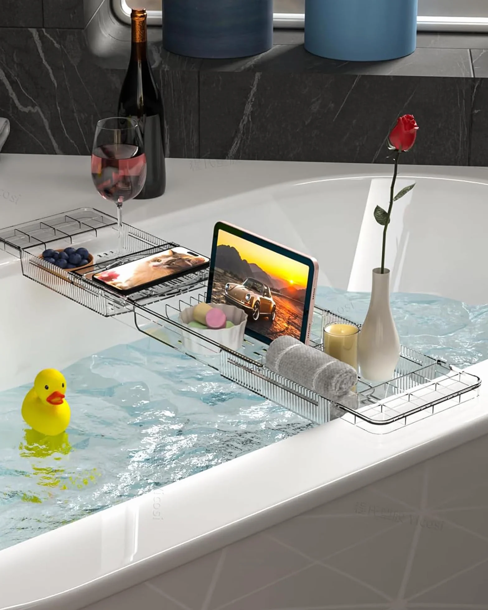 Vassoio Vasca da Bagno in Acrilico, Regolabile per Vassoio da Bagno Portaoggetti, Mensola Vasca da Bagno per Contenere Libro, Ipad, Telefono, Bicchiere, Candela, Accessori Vasca da Bagno Trasparente