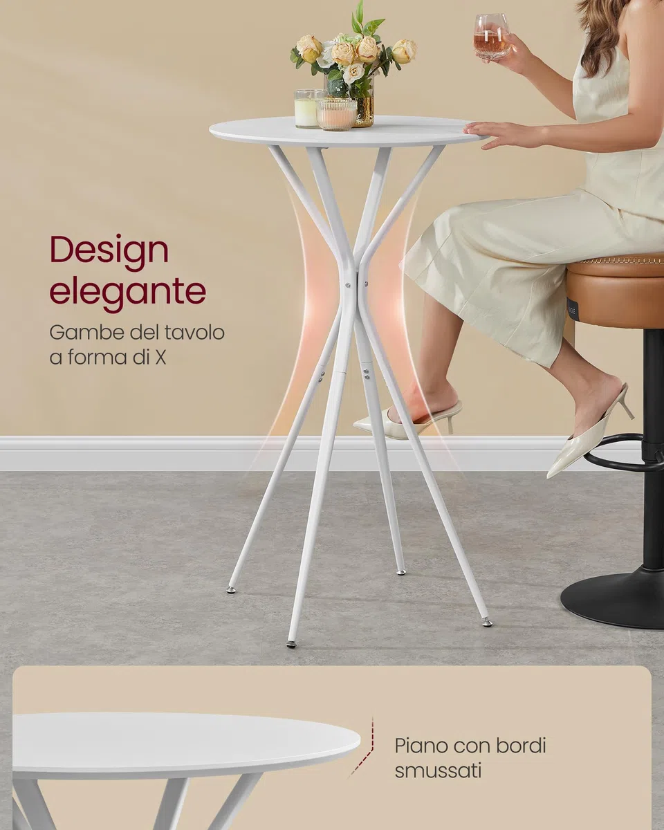 VASAGLE Tavolino da Bar, Tavolino da Cucina, Tavolo Alto Rotondo, Struttura in Metallo, 60 x 60 x 105 cm, per Soggiorno, Moderno, Montaggio Facile, Bianco Nuvola e Bianco Opaco LBT024W01