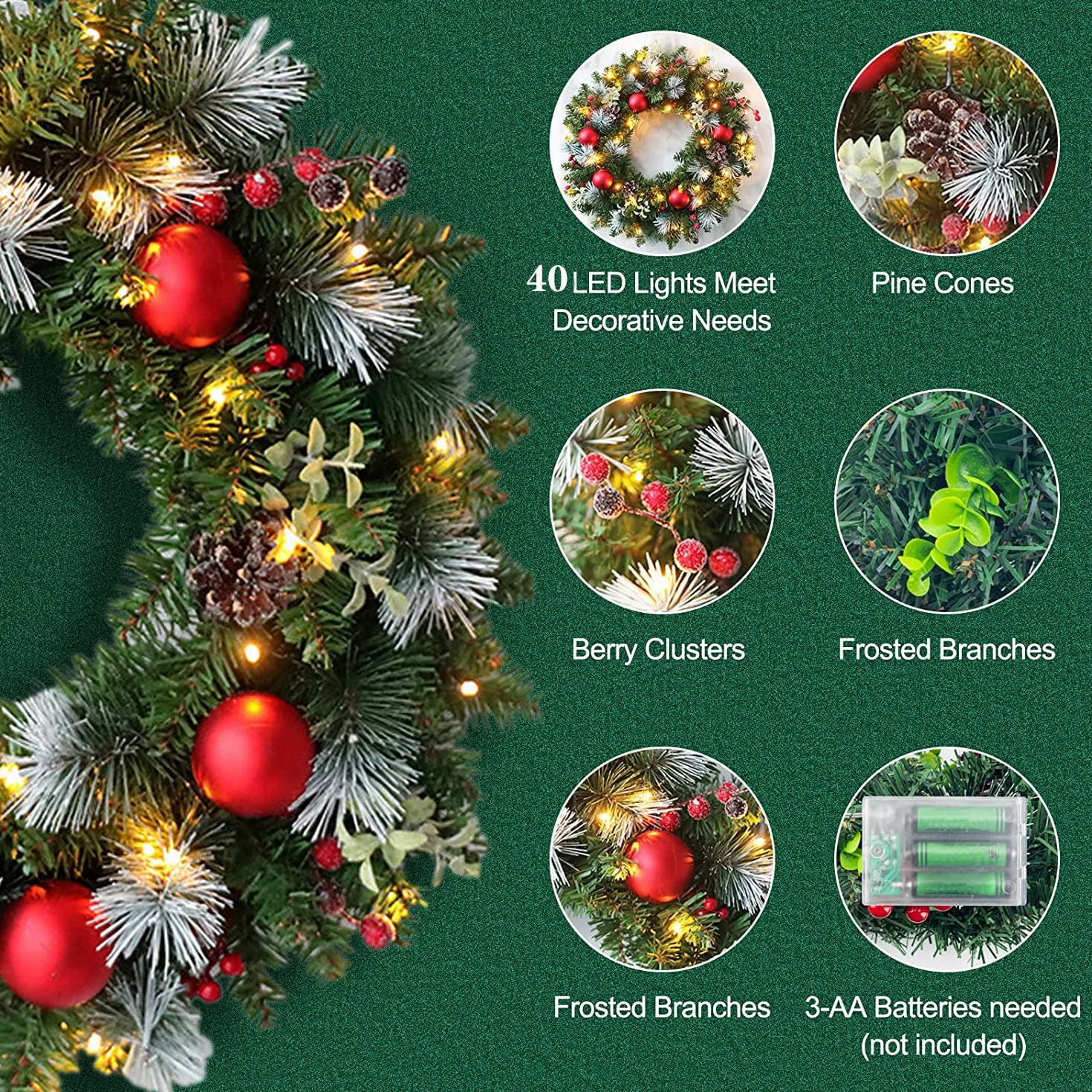Ghirlanda natalizia da 40 cm, decorazioni per porta d'ingresso, con luci a LED e gancio, ghirlande artificiali per finestra, camino, decorazione natalizia da parete, per interni ed esterni,