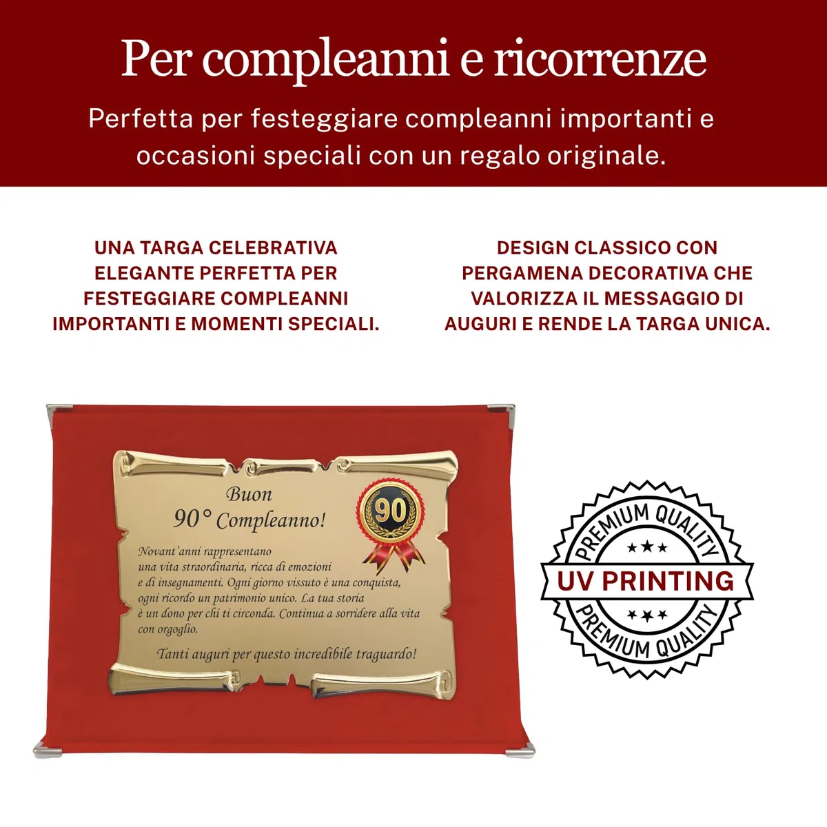 Targa Compleanno con Pergamena – Targa Celebrativa in Cofanetto Velluto – Idea Regalo Elegante per Compleanno e Ricorrenze – Targa Ricordo (Rosso, 90 Anni)