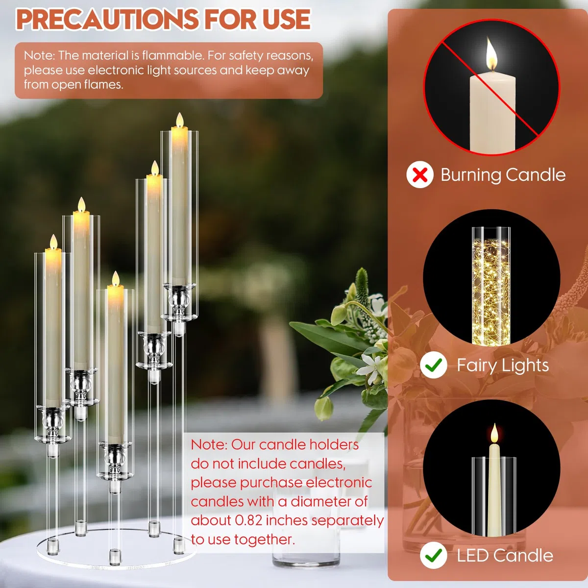 Candelabro Singolo in Acrilico 5 Bracci, Portacandele Alto 58 cm, Centrotavola per Matrimonio e Natale, Decorazione per Tavolo Camino o Festa, per Candele LED 2 cm