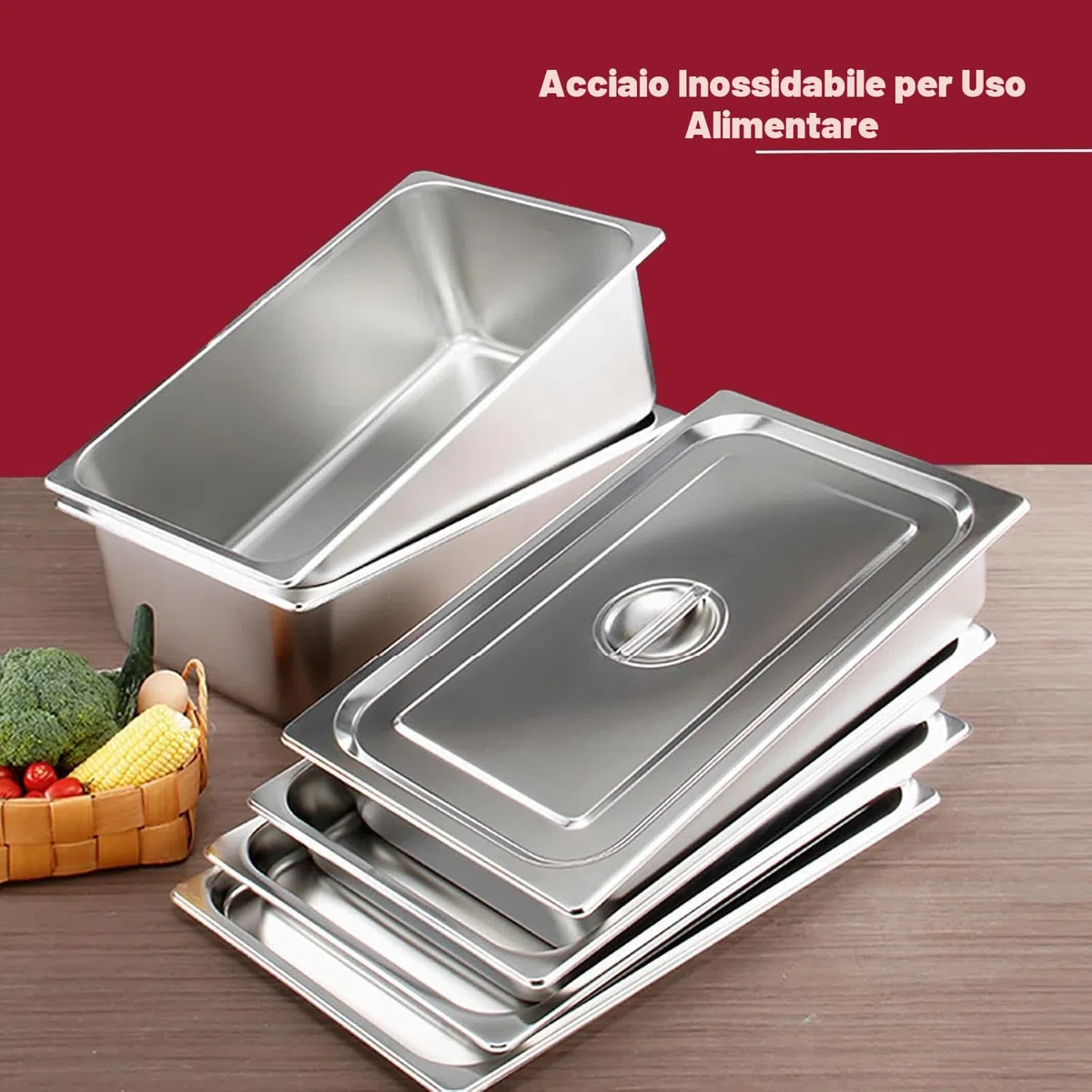 Set ciotole per impanare 3 pezzi, Contenitore GN 1/3, Contenitori acciaio con coperchio, 32,5 x 17,5 x 6,5 cm, cotoletta carne - linea per impanare in metallo rettangolare