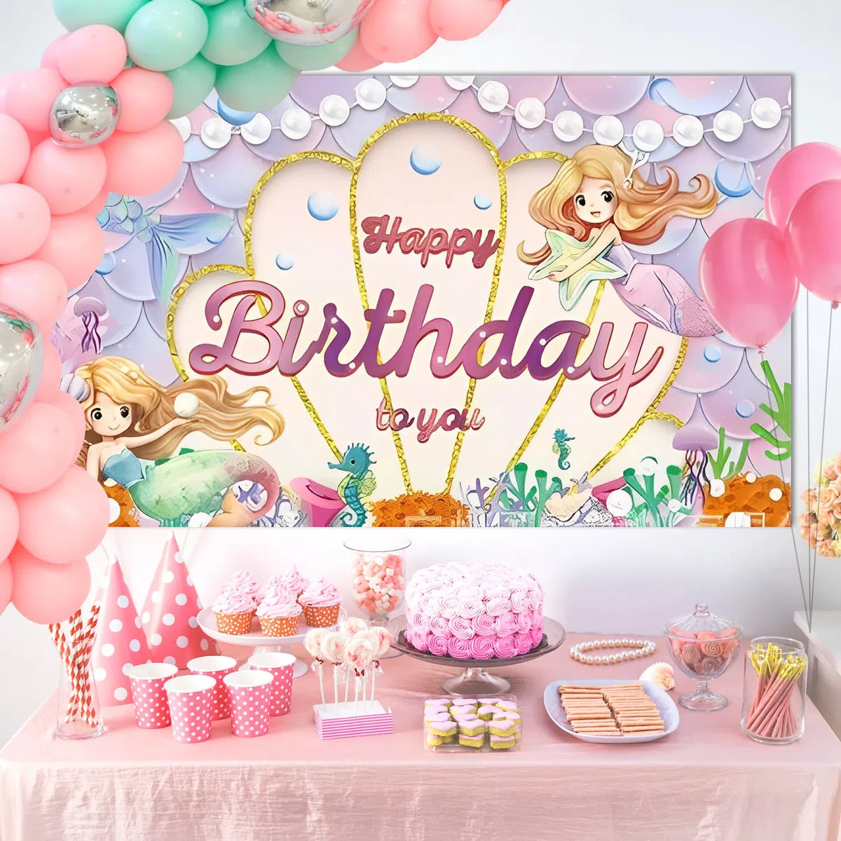 Nymphefable Sirena Buon Compleanno Decorazioni Fondale, Sirena Buon Compleanno Banner, Sfondo Fotografico Per le Ragazze, Forniture Per Feste di Compleanno 110x180cm