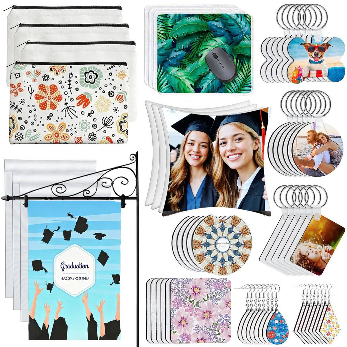 114Pcs Sublimation Blanks Products, Sublimation Blank Set Including DIY Blank Makeup Bag, Keychain, Earring, Pillow Cover, Mouse Pad, Coaster, Garden Flag for Sublimation Transfer Heat Press Craft