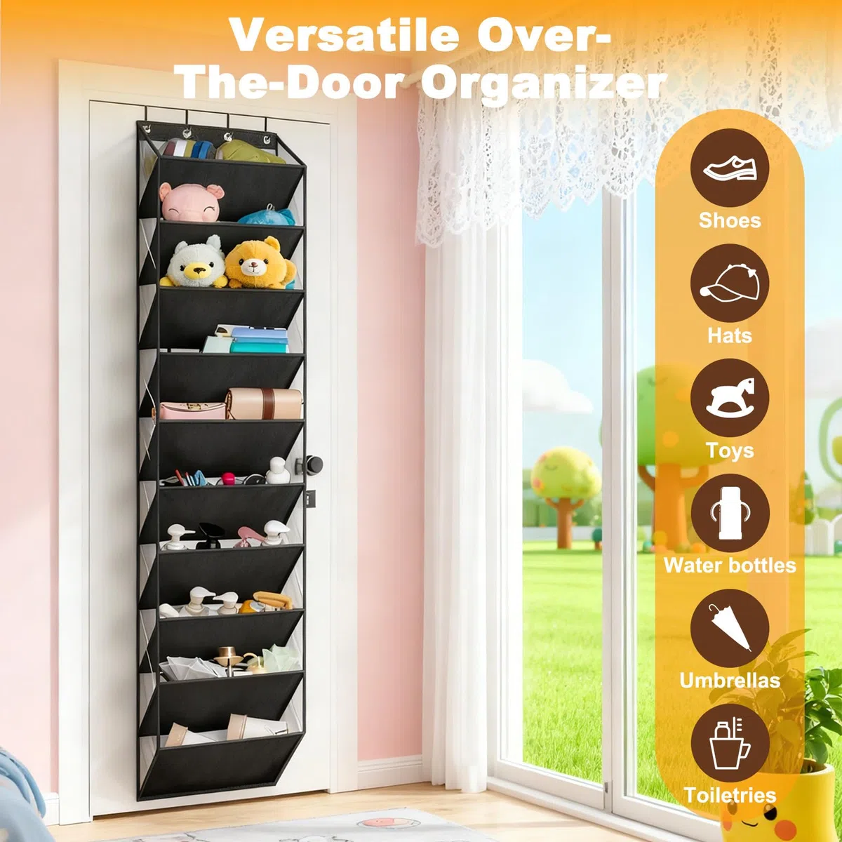 Scarpiera Appendere Porta con 10 Tasche Profonde & 4 Ganci, Portaoggetti Multifunzionale per 20 Paia Scarpe Ginnastica, Organizer Stivali per Armadio, Lavanderia e Camera Letto (Nero)