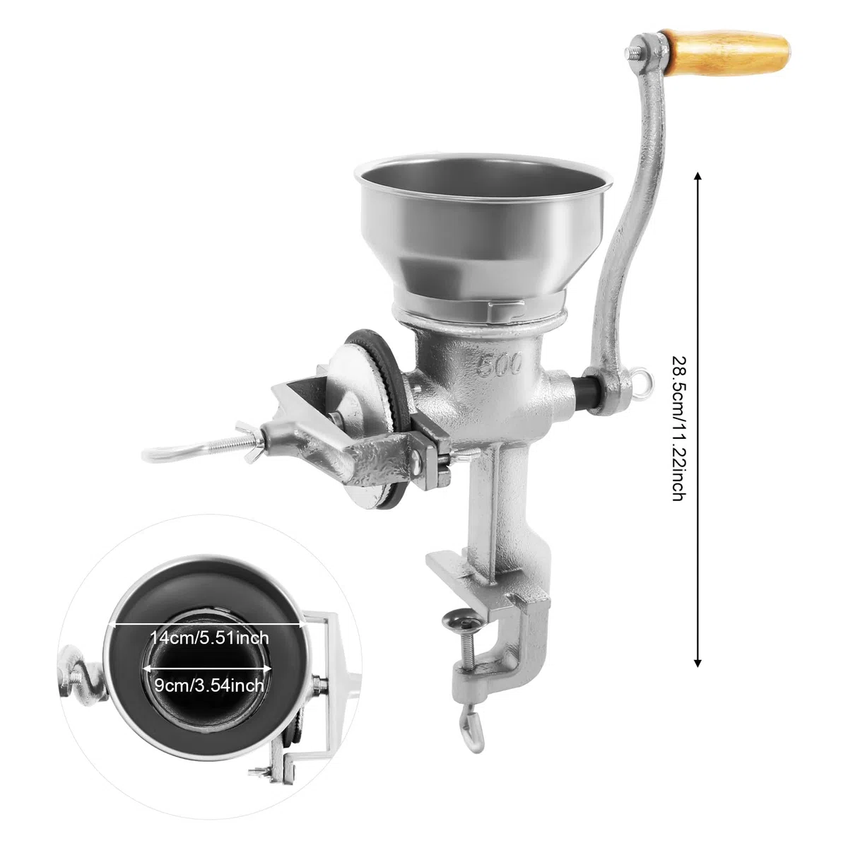 Macina per cereali manuale, 500 ml, regolabile, con imbuto basso e morsetto da tavolo, in acciaio inox, per noci, caffè, cereali, semi, mais, spezie,