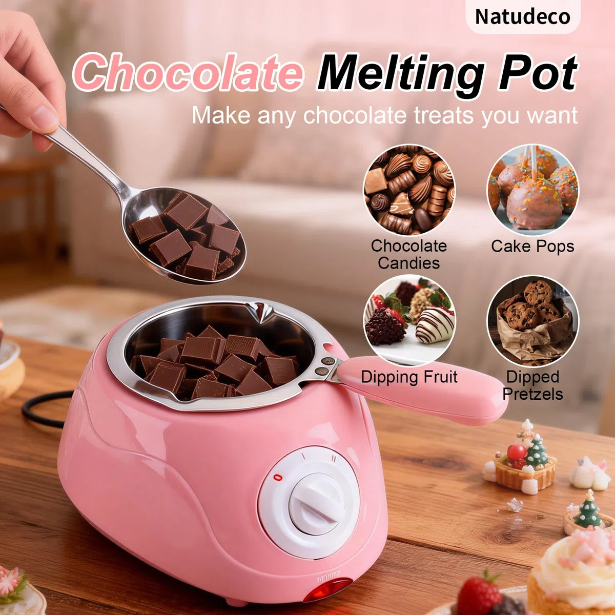 Scioglie Il Cioccolato Elettrico, Set per fonduta di cioccolato elettrico con 10 forchette, 2 temperature per sciogliere e mantenere in caldo, Kit fai da te per sciogliere il cioccolato(Rosa)