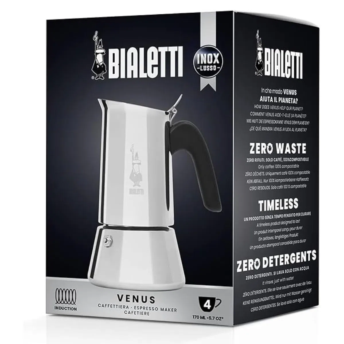Bialetti Venus Caffettiera in Acciaio Inox, Adatta all'Induzione, Inossidabile, Argento, 4 Tazze