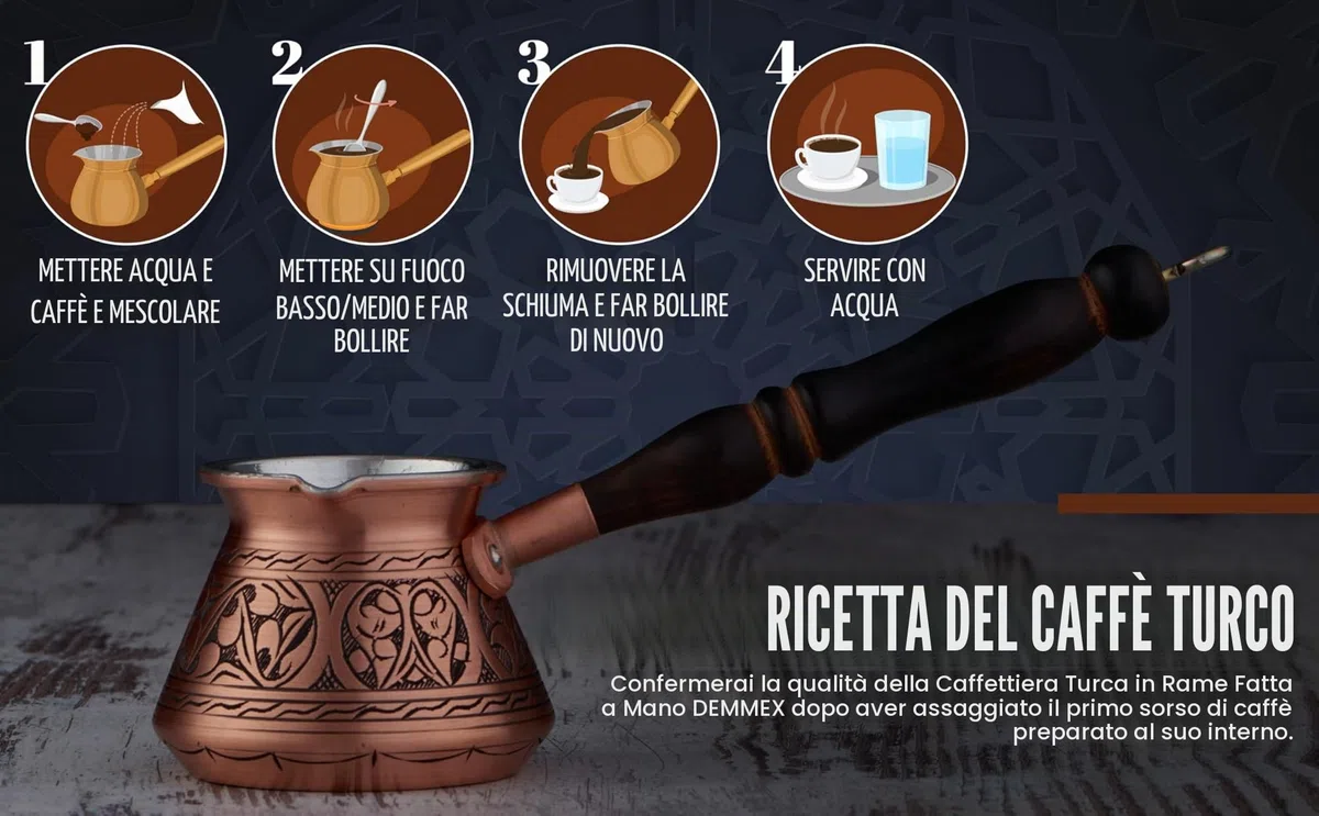 DEMMEX Cezve Turca in Rame Massiccio, Ibrik Arabo Greco, Pentolino per Caffè Stovetop con Manico in Legno e Cucchiaino, Fatto a Mano in Turchia, 270 ml (Inciso)