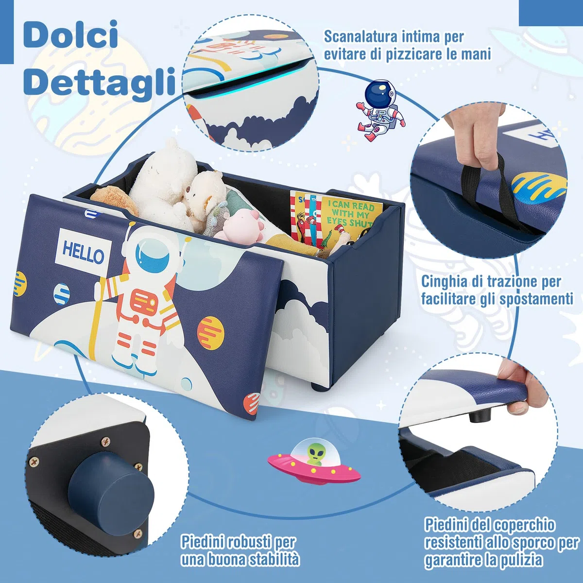 GYMAX Cassapanca per Bambini 2 in 1, Carico 150 kg, con Coperchio Rimovibile, Panca Portaoggetti con Fessure Antipizzicamento, Cinghia di Trazione e Struttura Stabile 75x36x38 CM (Blu e Bianco)
