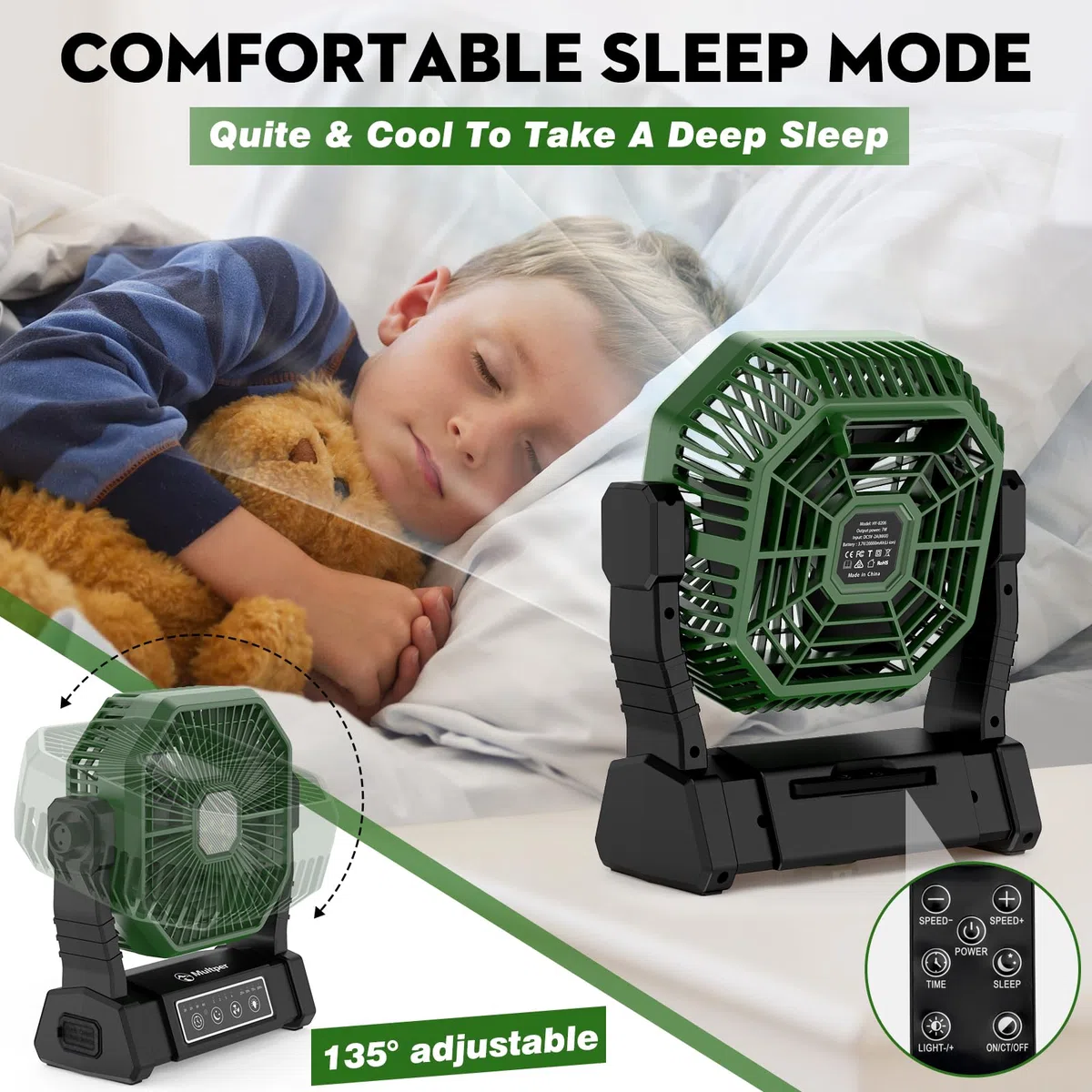 Multper Ventilatore da Campeggio con Luce LED, 4 Velocità 10000mAh Ventilatore Portatile USB Ricaricabile con Telecomando e Gancio, Ventilátore da Tavolo Silenzioso per Casa, Ufficio, Viaggi, Picnic