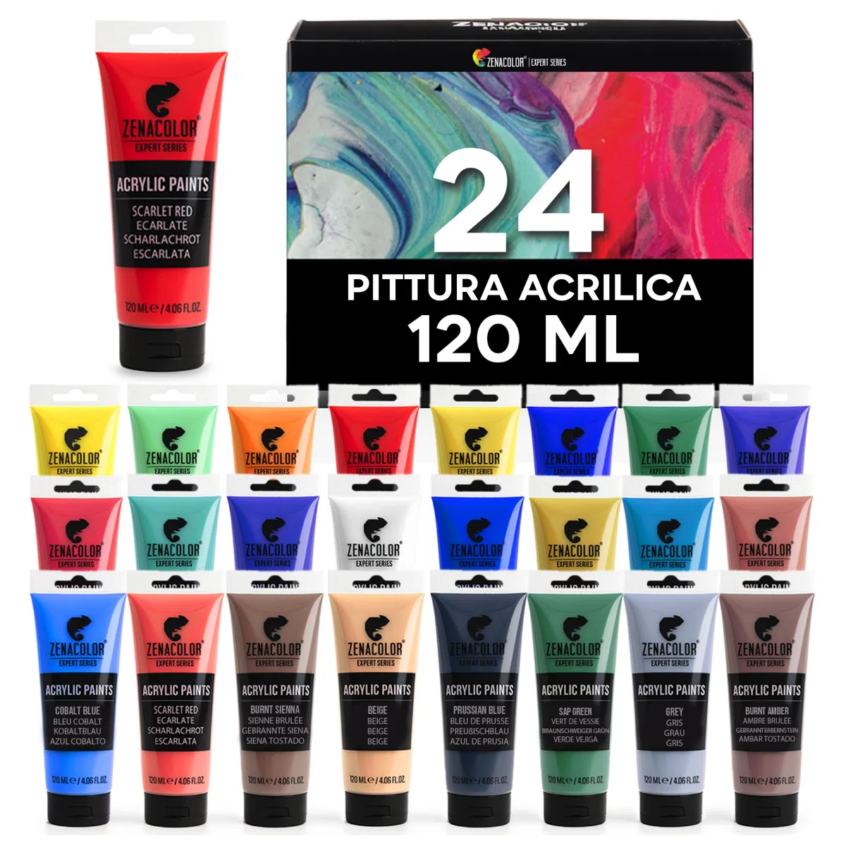 Zenacolor Kit di 24 Colori Acrilici, 24 Tubetti da 120 ml, 24 Colori Tempere per Dipingere, per Legno, Bricolage, per Adulti.