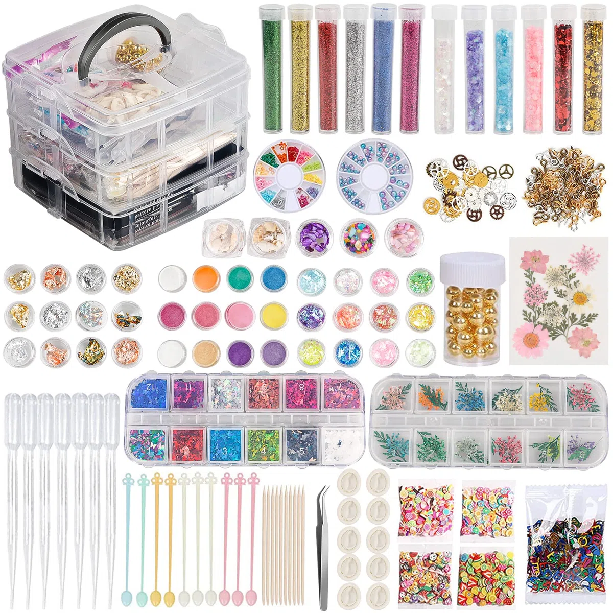 EFUTURETIME 260 Pezzi Kit Decorazioni in Resina Epossidica Completo Con Fiocchi di Foglie d'Oro, Glitter, Paillettes, Fiori Secchi, Pinzette per l'Artigianato e la Nail Art