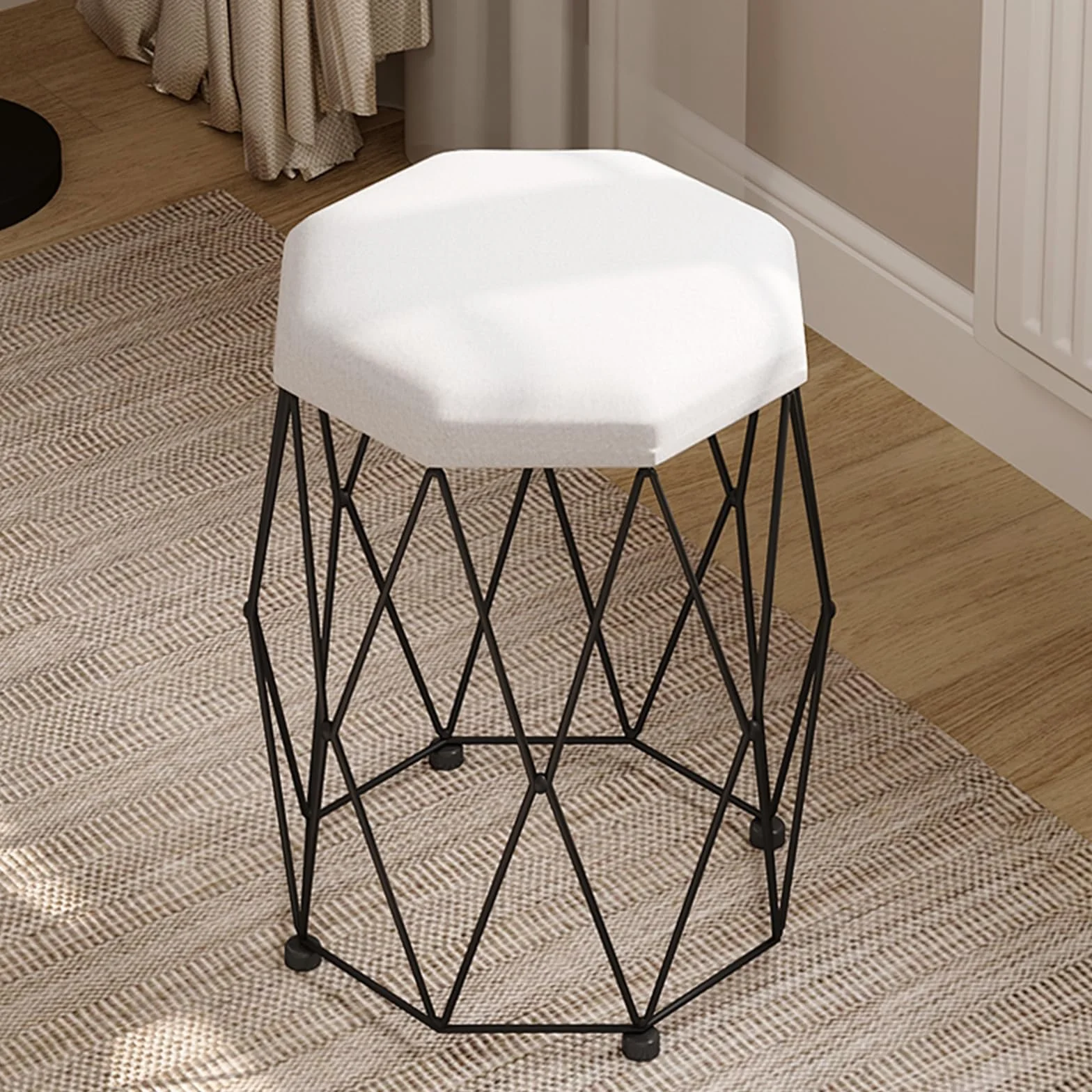 WOLTU Sgabello per Toeletta Trucco, Sedia da Trucco, Sgabello Basso, Seduta in Velluto e Telaio in Metallo, 30x30x44cm, per Camera da Letto, Soggiorno, Ingresso, Bianco + Nero, MB6111wsz