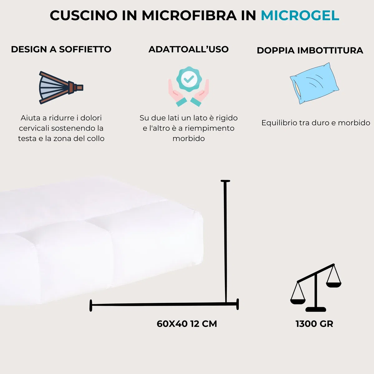 B&Z Luxury Cuscino per Cervicale 60x40x12 cm 30% Piumino d’Oca + 70% Fibra HCS, Guanciale con Doppio Lato Morbido e Rigido, Supporto Ergonomico per Fianco e Schiena, Traspirante | Dispositivo Medico