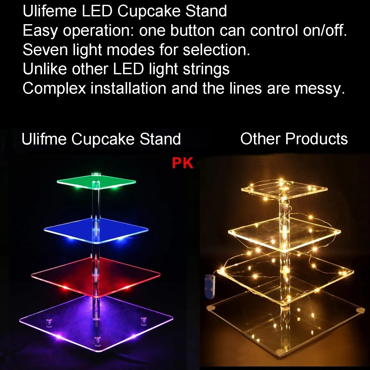4 Piani Cupcake Stand, Ulifeme LED Ricaricabile Alzata, Supporto per Esposizione di Dolci Trasparente Quadrato, Torre di Cupcakes per Natale, Matrimoni, Anniversari, Feste Prenatalizie e Compleanni