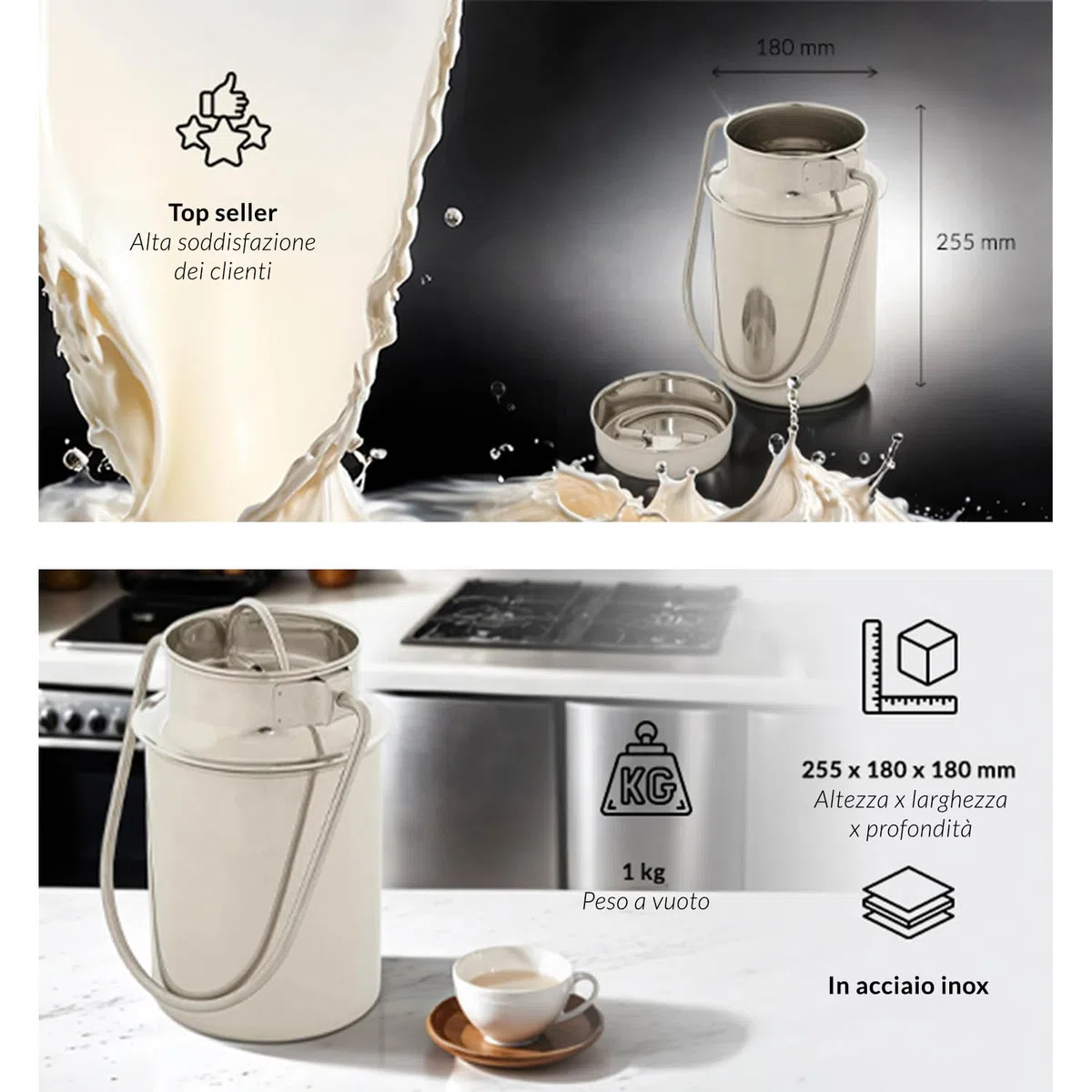 Lattiera in acciaio inox 5l - lattiera - per salse caffè latte - alta 25,5 cm - con coperchio - manico contenitore per il trasporto - decorazione - brocca per caffè - contenitore per vino