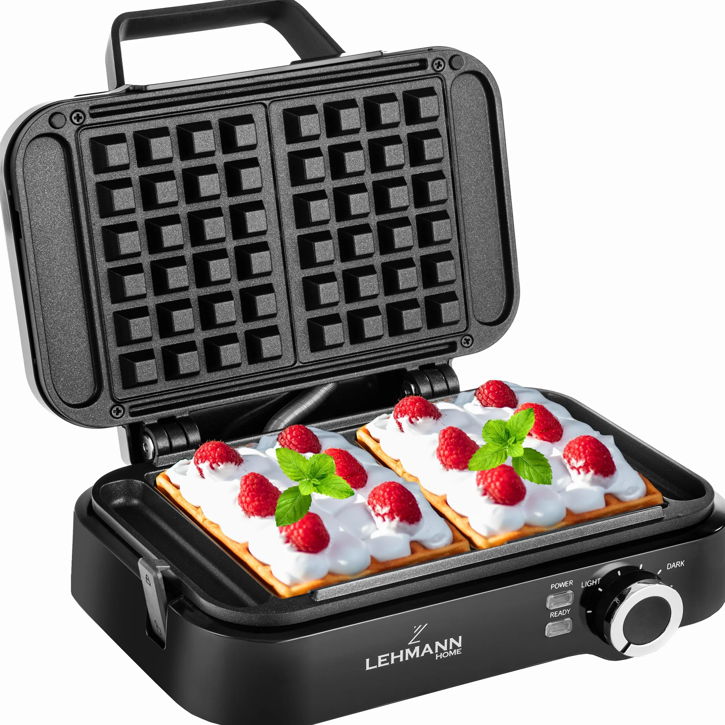 LEHMANN Piastra per Waffle Doppia, 1200W, Pronta in 3 Minuti, Regolazione della Temperatura fino a 240°C, Rivestimento Antiaderente, Pulizia Rapida e Facile, Waffle Spessi 12,5 x 8,5 x 2 cm