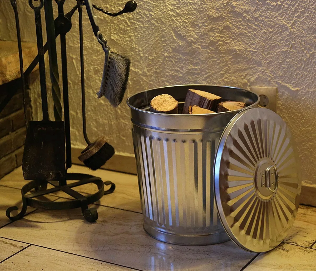 Bidone per Rifiuti con Coperchio, Diametro 37 cm, Altezza 41 cm, in Zinco, Capienza 35 Litri, Cestino, Pattumiera per Immondizia, per Spazzatura, Bidone con Maniglie