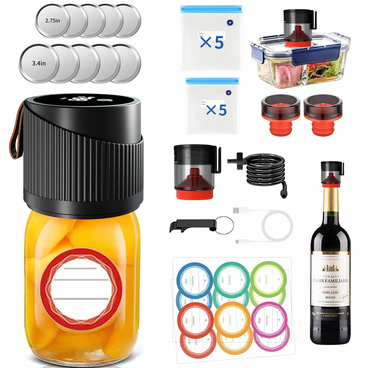 Kit per Vasi Mason Elettrico, Sigillatore Sottovuoto 4 in 1 per Vasi Mason a Bocca Larga e Normale, Sigillatore Sottovuoto con Arresto Automatico per Sacchetti Sottovuoto per Bottiglie di Vino e
