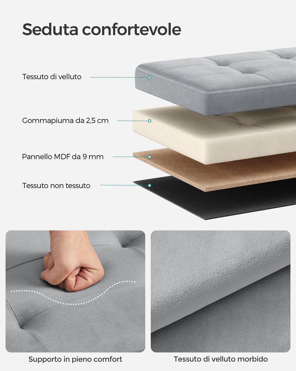 SONGMICS Cassapanca, Pouf Contenitore, Poggiapiedi Pieghevole da 38 x 110 x 38 cm, Ottomano, Regge fino a 300 kg, per Soggiorno, Camera da Letto, Entrata, Grigio Tortora LSF277G02