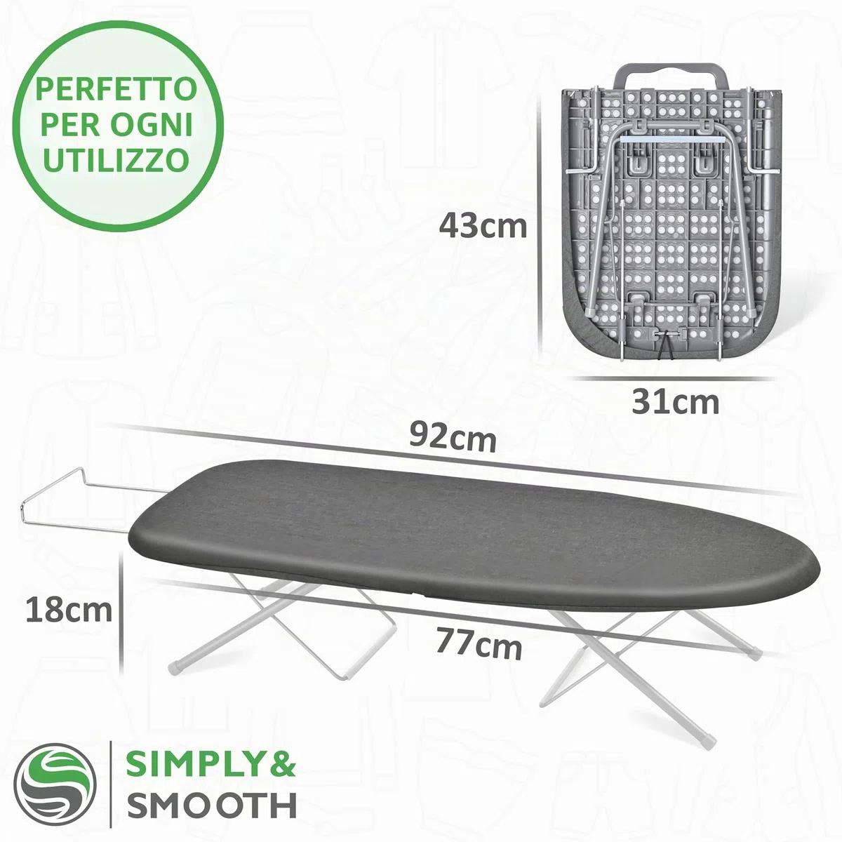 SimplySmooth Asse da Stiro Pieghevole – Da tavolo con ripiano per ferro da stiro, 77 x 30 cm, con maniglia, piedini in gomma e rivestimento di alta qualità. Perfetto per un uso pratico e salvaspazi