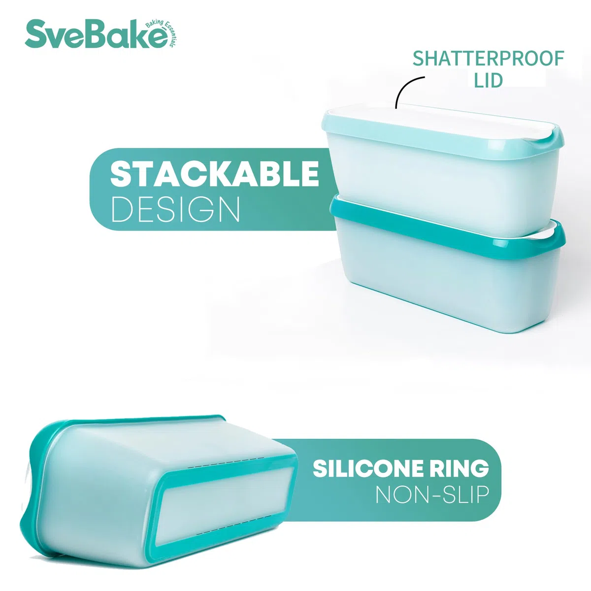 SveBake Vaschetta per Gelato con Coperchi - 2 Pezzi Contenitori Gelato Freezer, Recipienti da 1,4 L Riusabili per la Conservazione di Gelato Fatto in Casa, Sorbetto | Verde e Turchese
