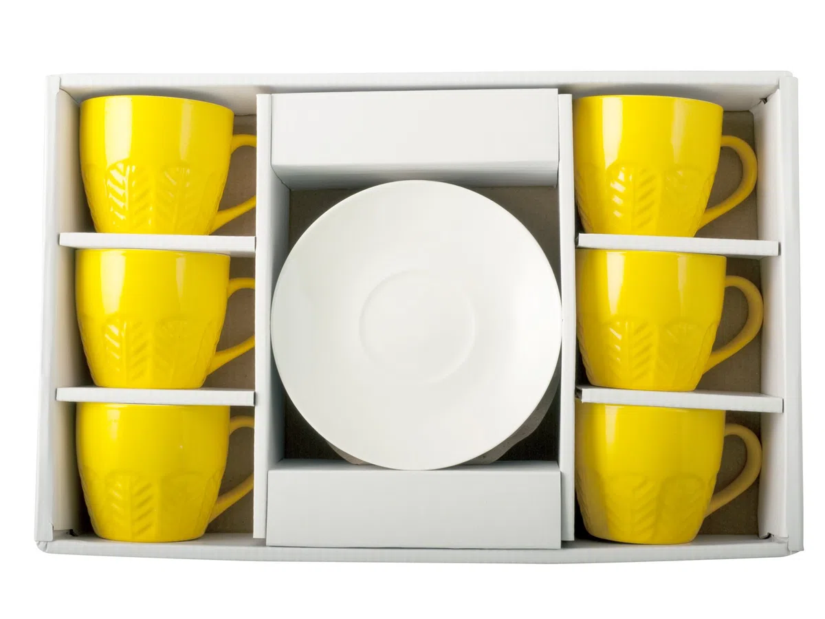H&H Set 6 Tazze 130 CC Confezione 6 Tazzine caffè New Bone China con Piatto Giallo Cc130, 130 ml