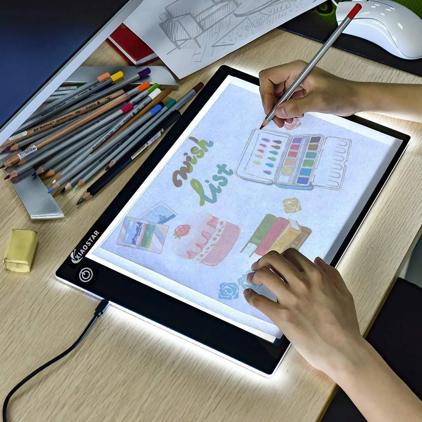 Xiaostar - Tavoletta luminosa A4, lavagna copiativa a LED A4, super sottile per tavolo da disegno con cavo USB con luminosità regolabile per artisti, disegno animato, schizzi