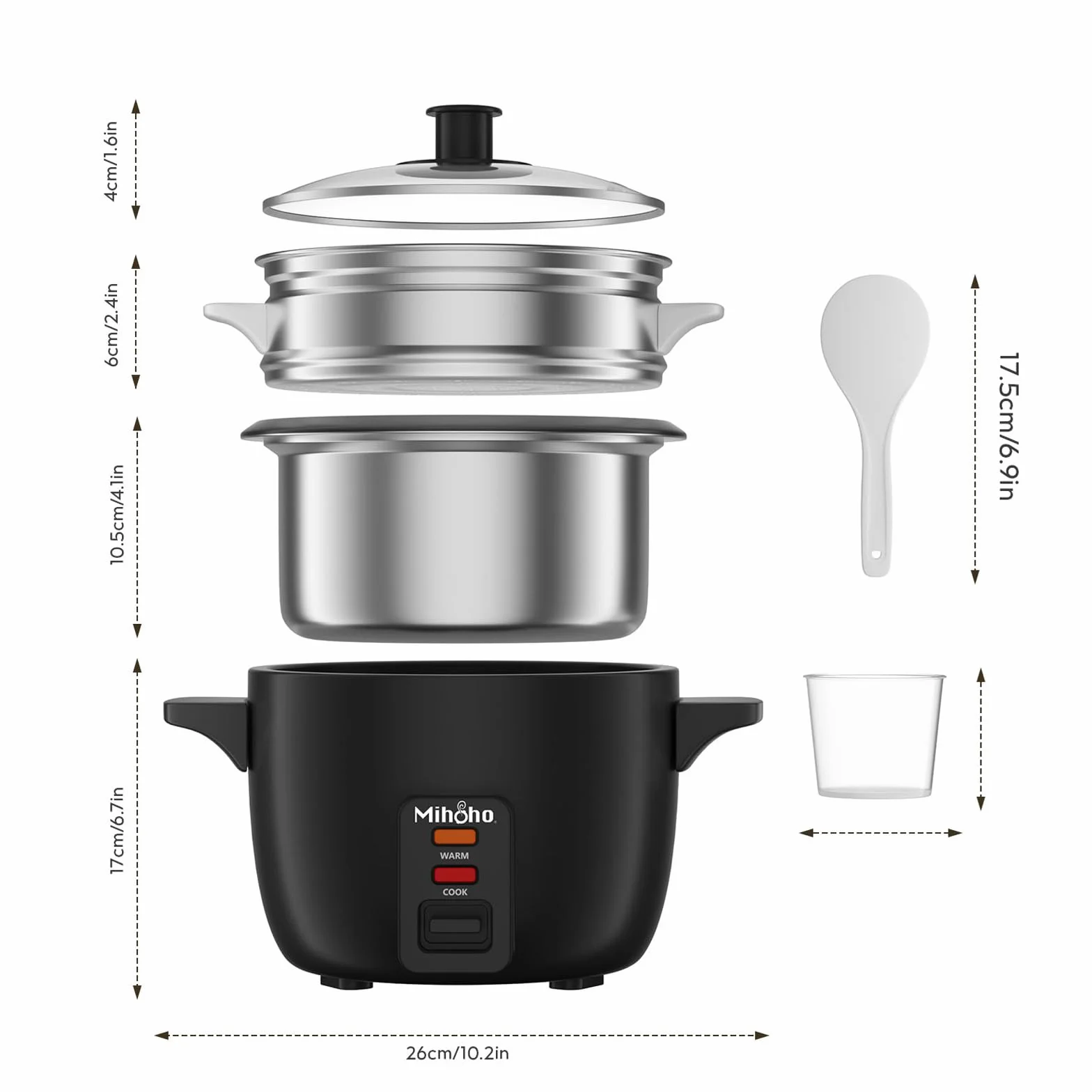 Cuociriso elettrico da 2 l, ciotola in acciaio inox con coperchio in vetro, funzione di mantenimento al caldo, funzione di cottura a vapore, con inserto per vapore, cucchiaio, misurino (nero F)