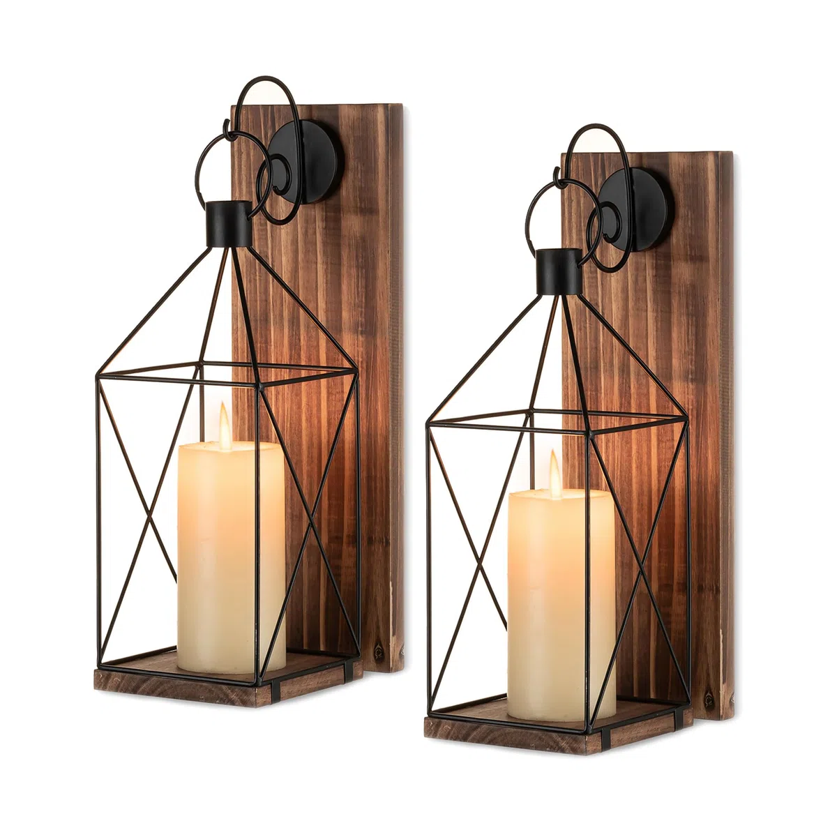 Portacandele da parete in legno, set da 2 lanterne da 40 cm, decorazione da parete, marrone, per soggiorno, corridoio, camino, da parete