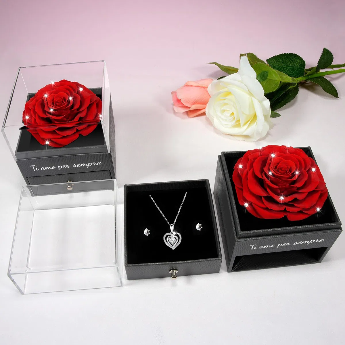 Miofula Rosa Stabilizzata Regalo Donna,Rosa Eterna con Collana Argento 925 Orecchini Donna,Ti Amo per Sempre,Regalo Donna Compleanno,Festa della Mamma Regalo Mamma Fidanzata Anniversario San Valentino