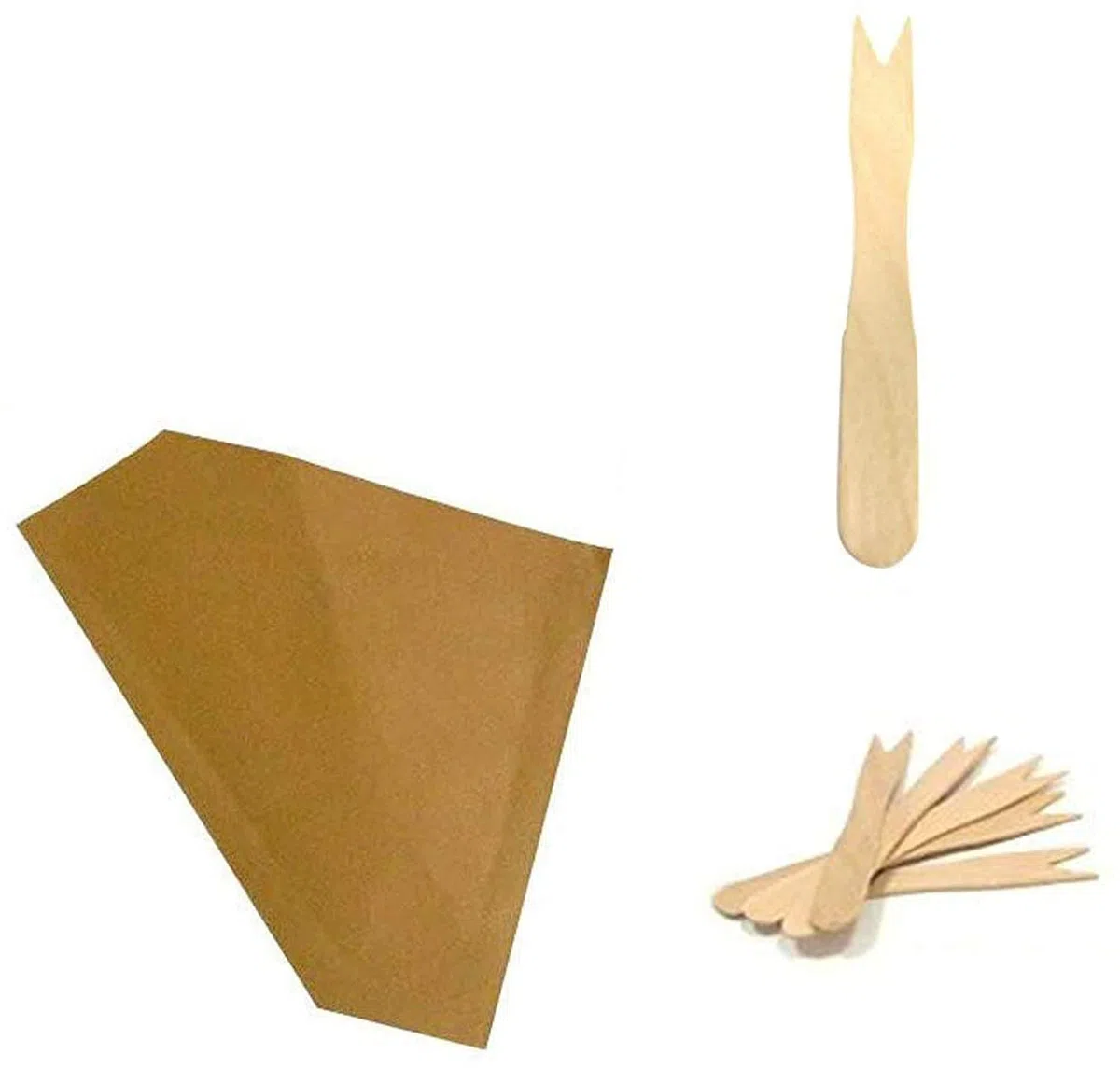 PZ 500 ASTUCCIO CONO IDEALE PER FRITTI E PATATINE IN CARTA PAGLIA + PZ 1000 FORCHETTE IN LEGNO CM 8,5