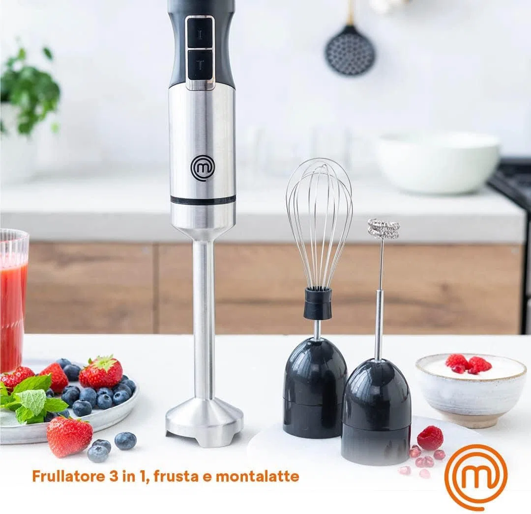 MasterChef Frullatore a Immersione, Minipimer 3 in 1 con Montalatte Elettrico e Frusta, per Zuppa, Cappuccino e altro, Frullino Multifunzione in Acciaio Inox, 400w