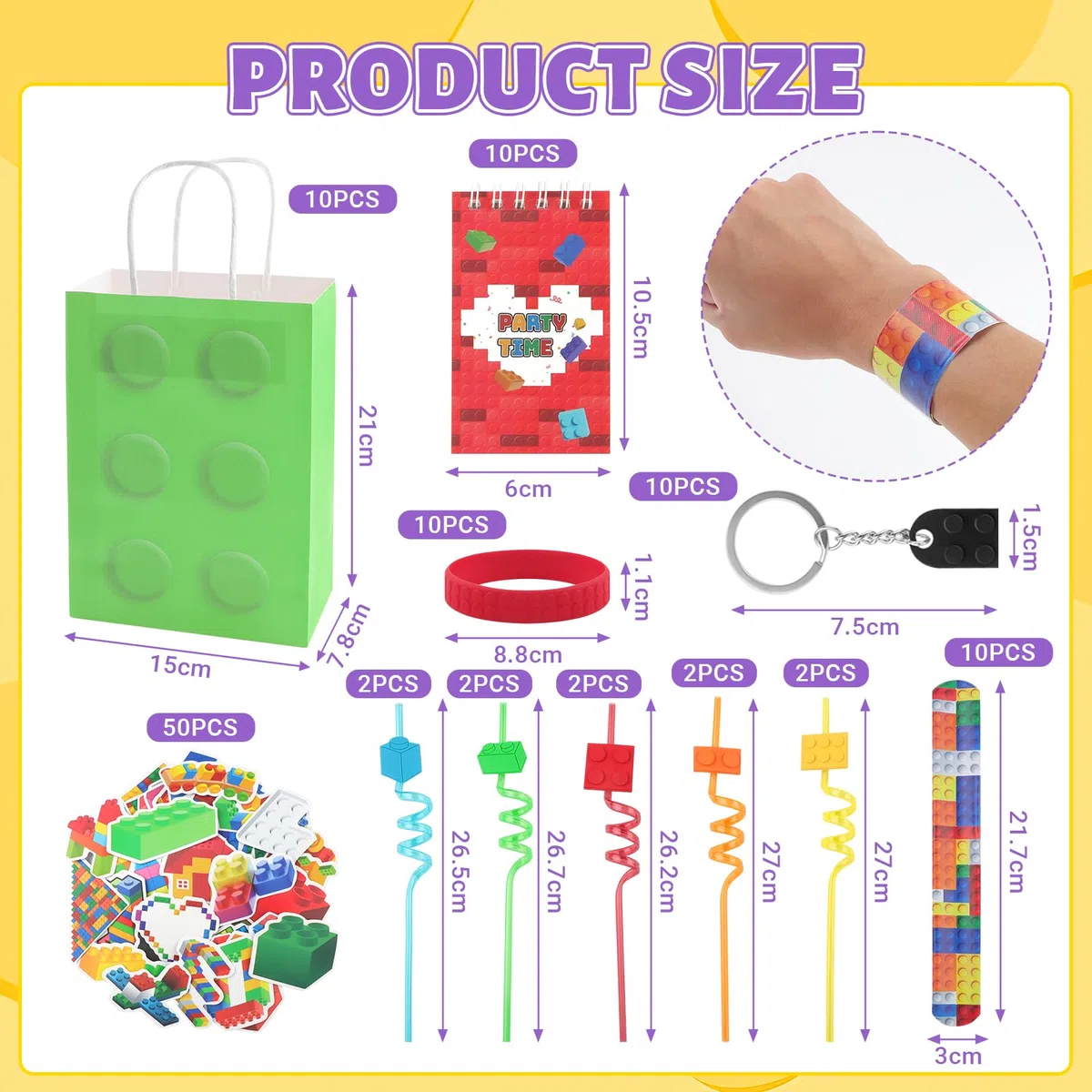 110 Pezzi Set Regalo Mattoncini Compleanno con Quaderni, Braccialetti Slap, Sacchetti di Regalo con Motivo a Mattoncini, Portachiavi, Cannucce, Regalo, Braccialetti per Bambineini e Bambine