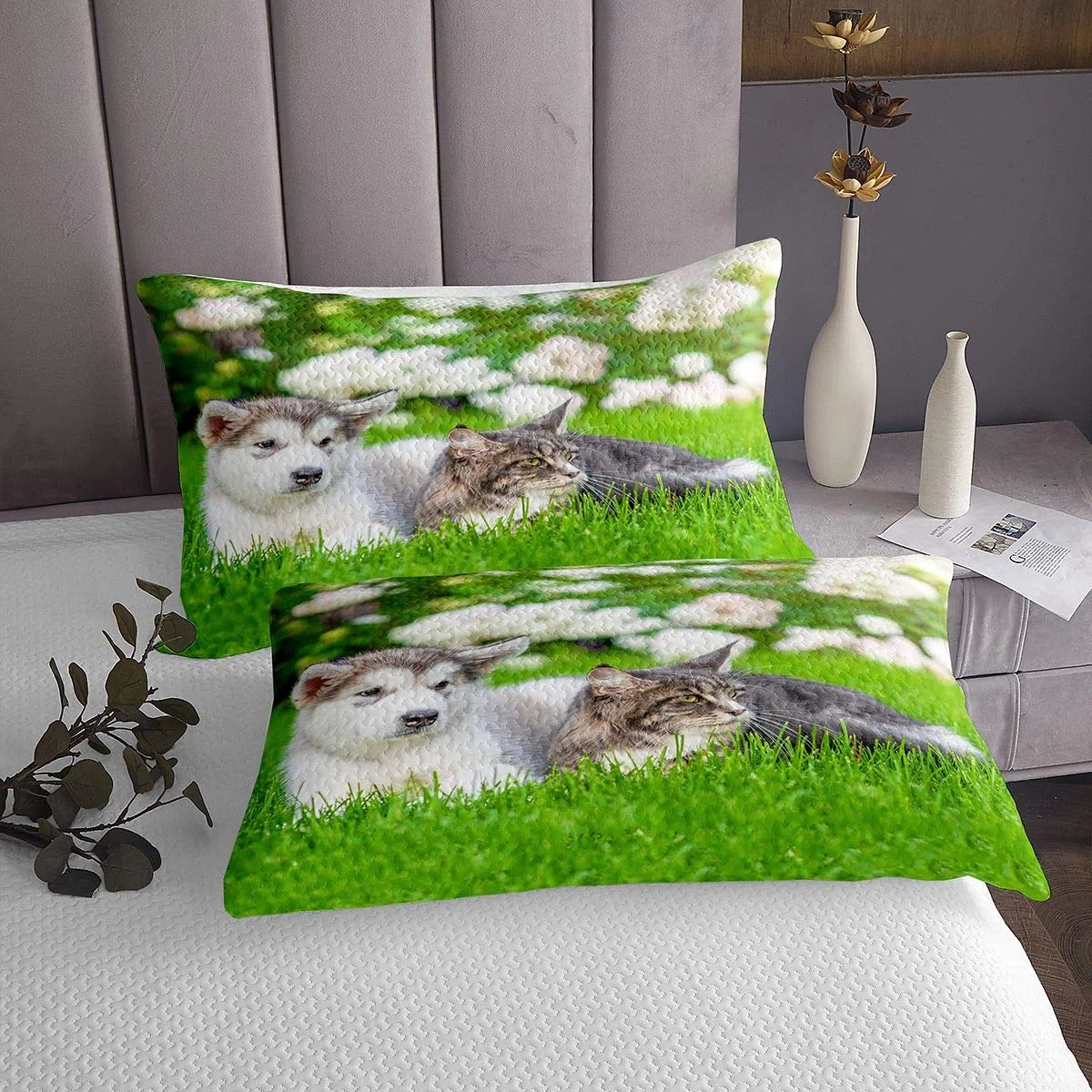 Homemissing Copriletto trapuntato per bambini, ragazzi e ragazze, con gatto e cane, ultra morbido, 3D, estate, verde sole, erba