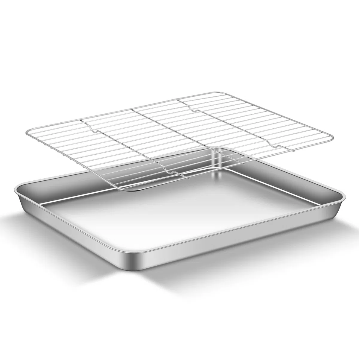 Teglia da Forno con Griglia di Raffreddamento in Acciaio Inox, Teglie per Pizza Antiaderente Teglia Rettangolare per Pane, Biscotti, Pizza e Torte, 40,5 x 30,5 x 2.5 cm (1+1)