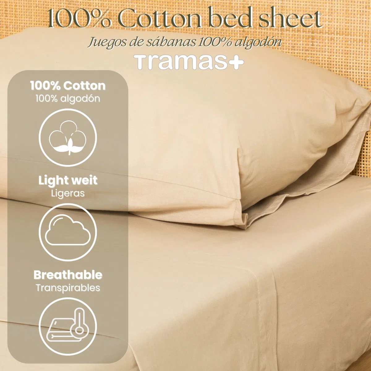 TRAMAS+ Completo Lenzuola Matrimoniale 160x200, 100% cotone, Biancheria da Letto, Lenzuola e 2 federa da letto, Certificata STANDARD 100 by OEKO-TEX - Beige Sabbia