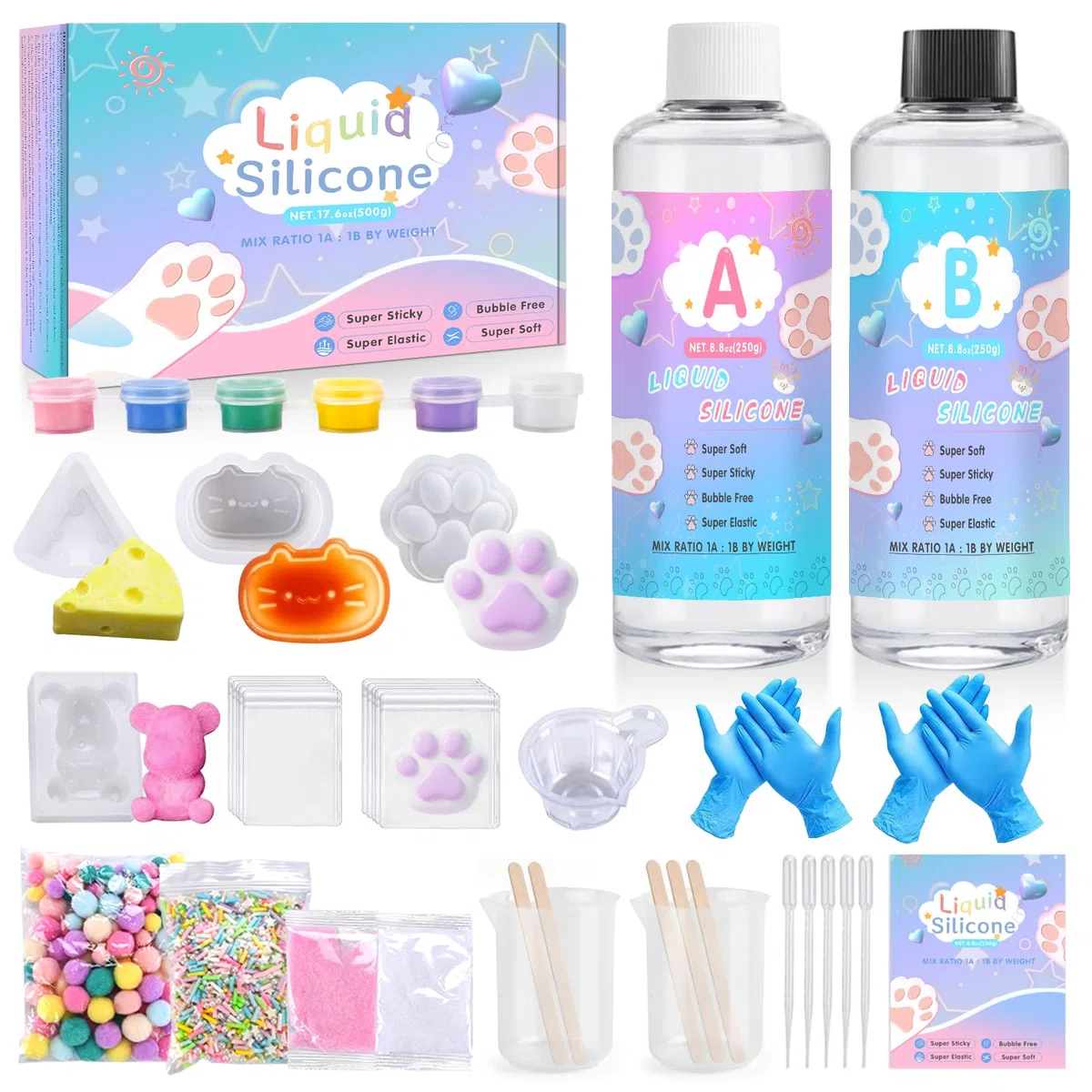 Kit per Creare Squishy in Silicone Liquido,Taba Squishy Kit,Gel per Creare I Tuoi Squishie, Senza Bolle e Asciugatura Rapida,con Piccolo Orso,Zampa di Gatto, Stampi per Formaggio, Divertente