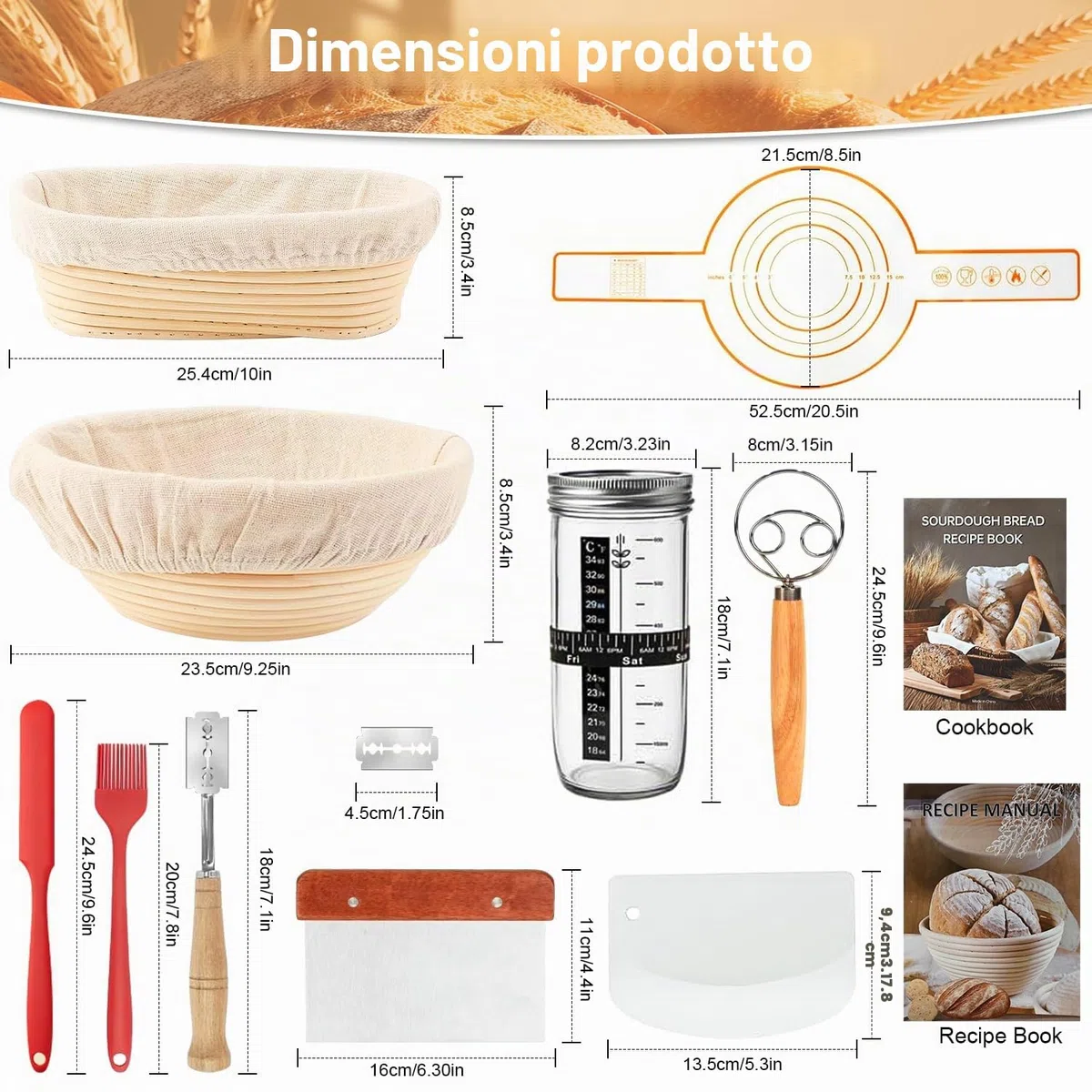 12 Pezzi Cestino Lievitazione Pane, Lievitazione Pane Rattan 25,4cm &23,5cm, Cesto in Rattan Naturale con Tela di Lino, Accessori per La Cottura Del Pane, Grande Regalo per Principianti