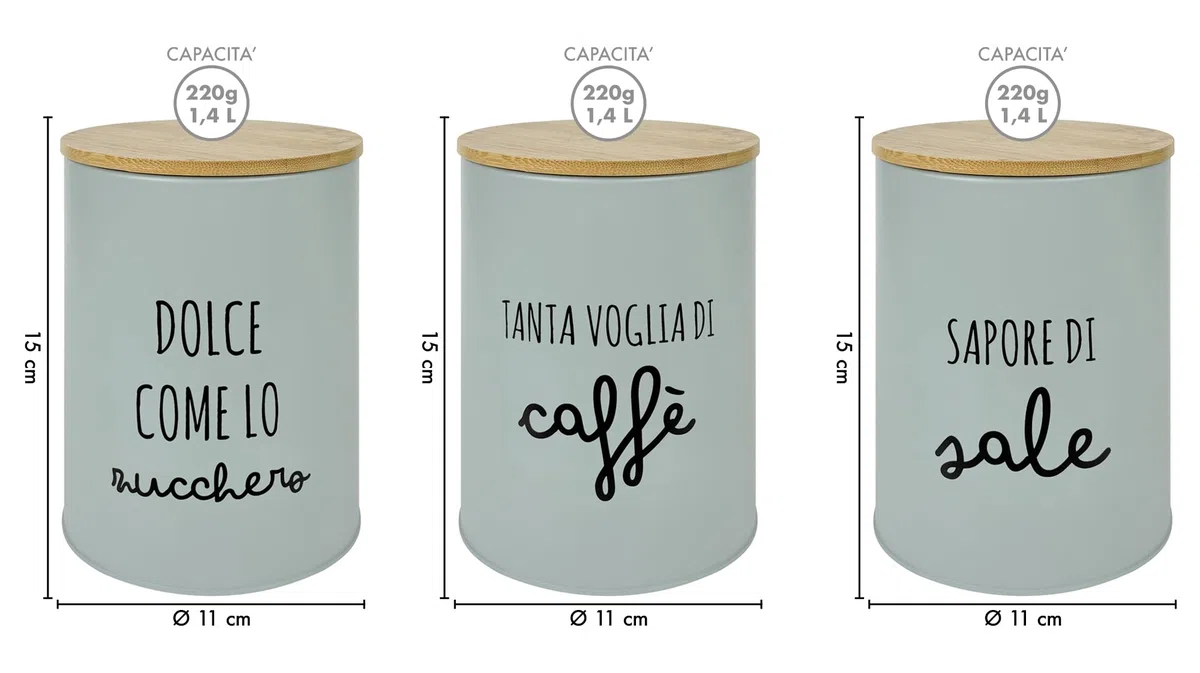 IlGruppone Set 3 Pezzi Barattoli Cucina Contenitori Certificati Contatto Alimentare Contenitore Sale Zucchero Caffè Moderne Scritte Barattolo Con Coperchio Ermetico Legno Bambù - Salvia
