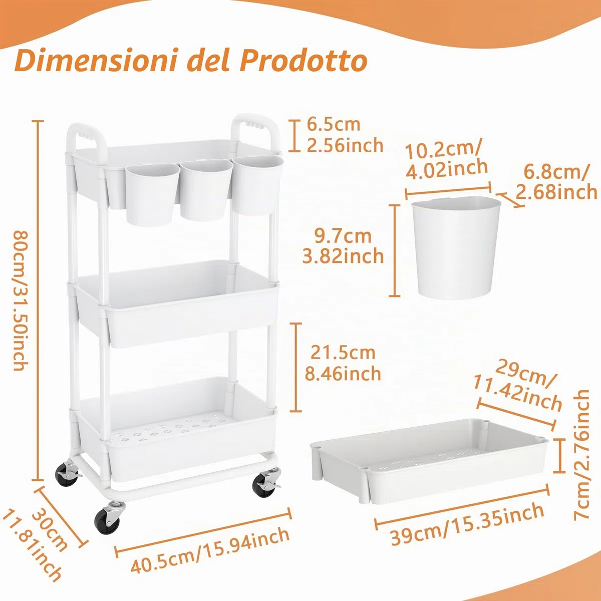 JIUYOTREE Carrello portaoggetti in plastica a 3 livelli con manici extra appesi e ruote bloccabili, per soggiorno, bagno, cucina, ufficio, bianco