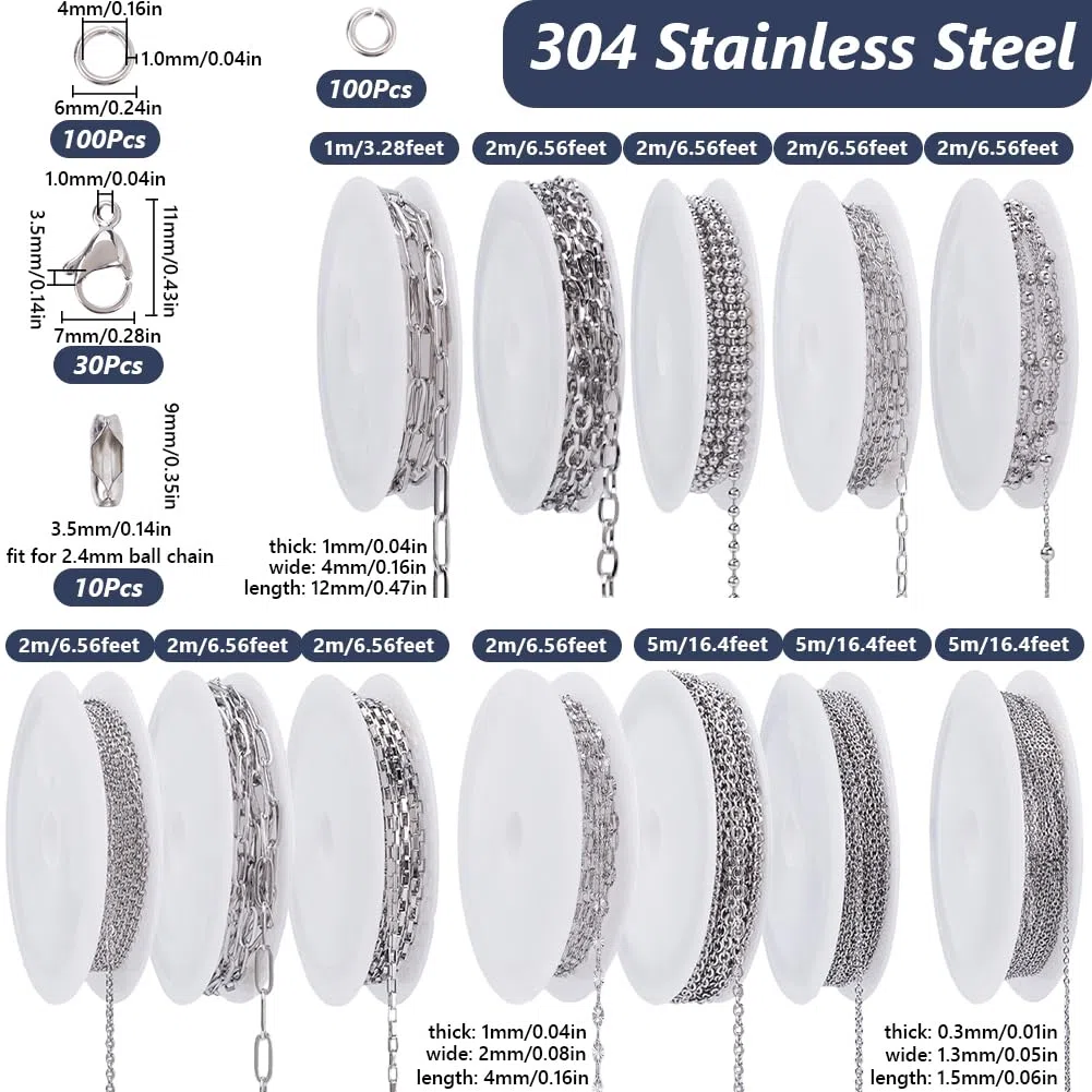 12 Rotolo 32M/105 Piedi Catena Cavo Rotolo Catena Fermacarte Argento Catena Sfusa Acciaio Inox Palla Testurizzata Fermacarte Maglia Veneziana Catene Connettore Kit per Creazione Gioielli Coll