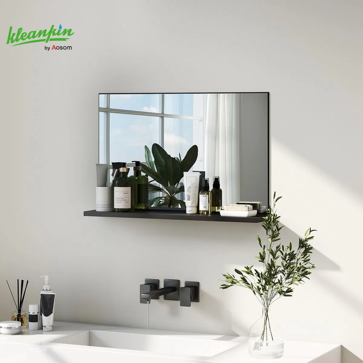kleankin Specchio Bagno da Parete con Mensola, Specchiera Moderna Multiuso per Bagno, Camera e Ingresso, 60x12x40 cm, Nero