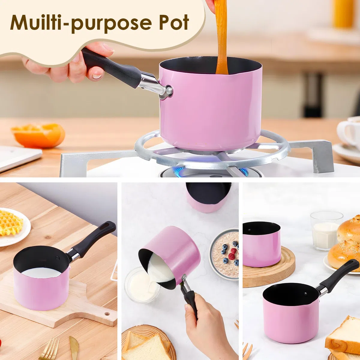 Buachois Mini Pentola Per Zuppa, Pentola Per Il Latte, Pentola Per Il Latte Resistente A Bastoni E Scottature, Pentola Compatibile Con Piani Cottura Anche A Calore Con Doppio (Rosa)