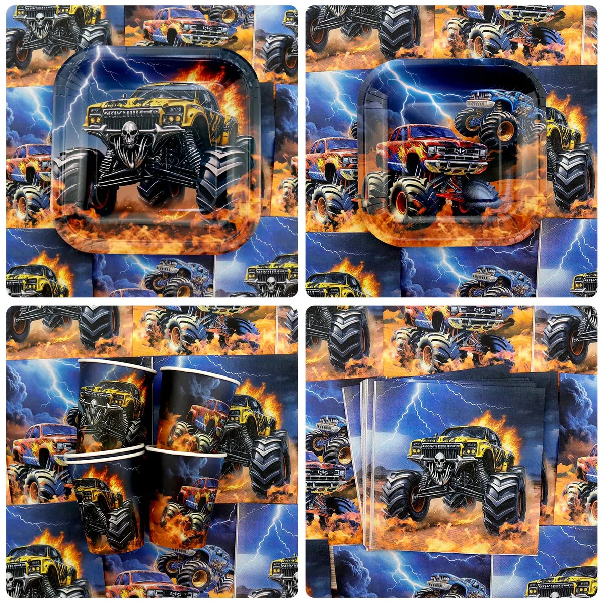Monster Truck Decorazioni per feste di compleanno – Monster Truck accessori per feste tra cui sfondo, piatti, decorazioni per torte, bicchieri, tovaglioli, palloncini, tovaglia – per 20